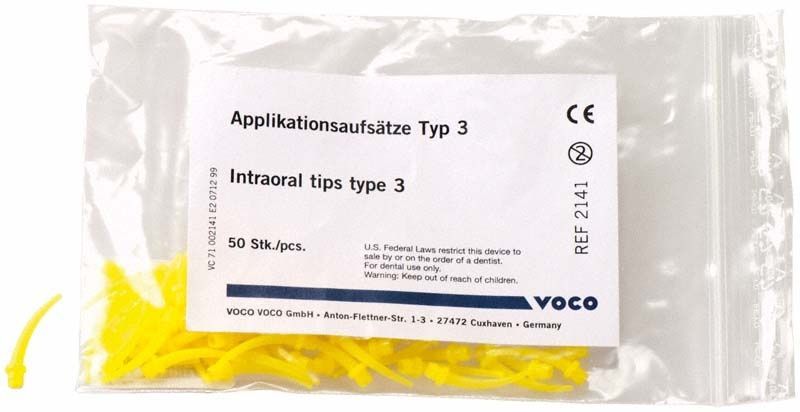 Applikationsaufsätze Typ 3 in transparenter Verpackung mit gelben Tips.