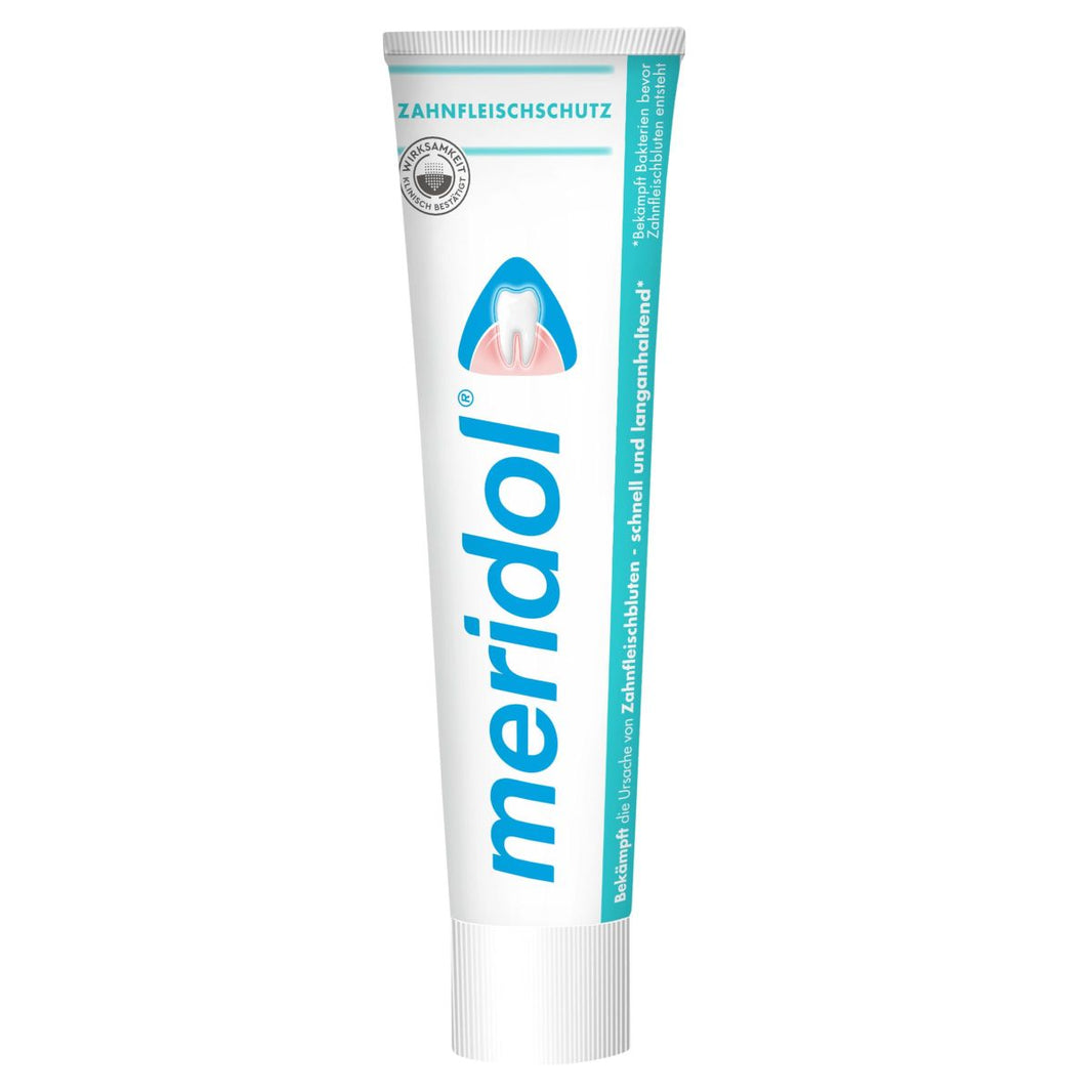 meridol® Zahnpasta-Tube mit Fokus auf Zahnfleischschutz und Inhaltsstoffe.