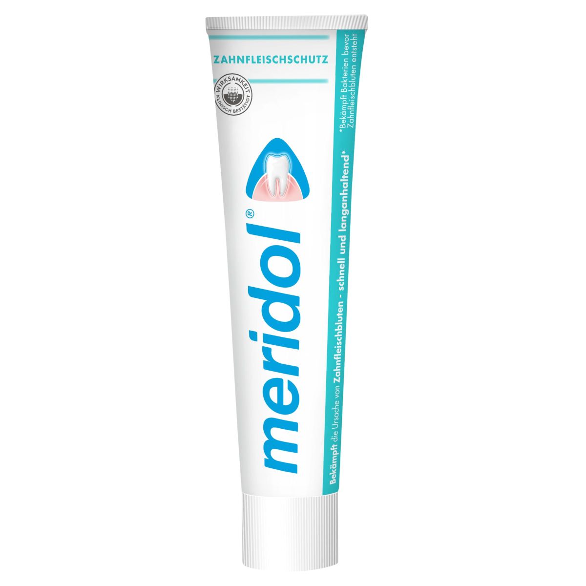 meridol® Zahnpasta-Tube mit Fokus auf Zahnfleischschutz und Inhaltsstoffe.