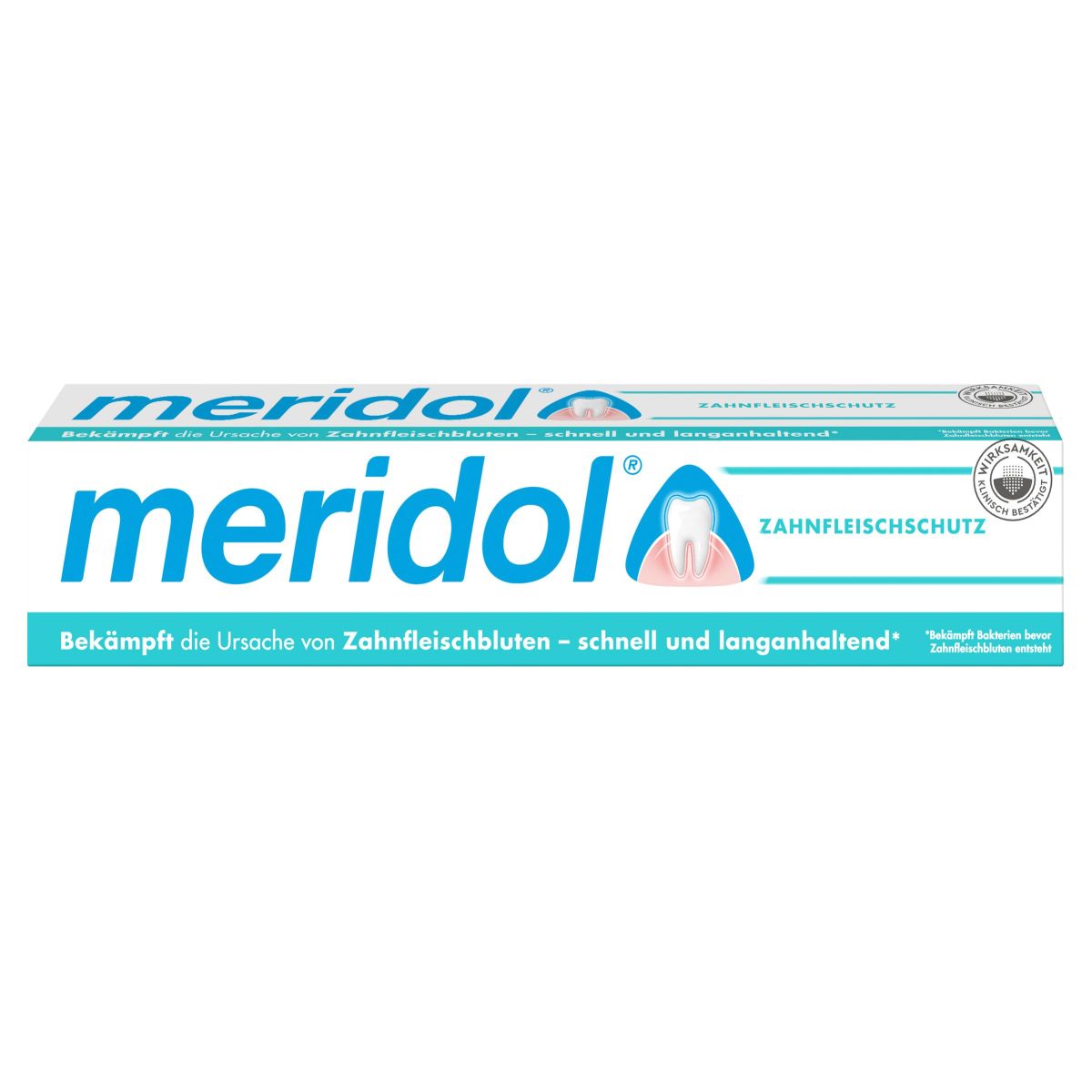 meridol® Zahnpasta-Verpackung mit Fokus auf Zahnfleischschutz und Wirkversprechen.