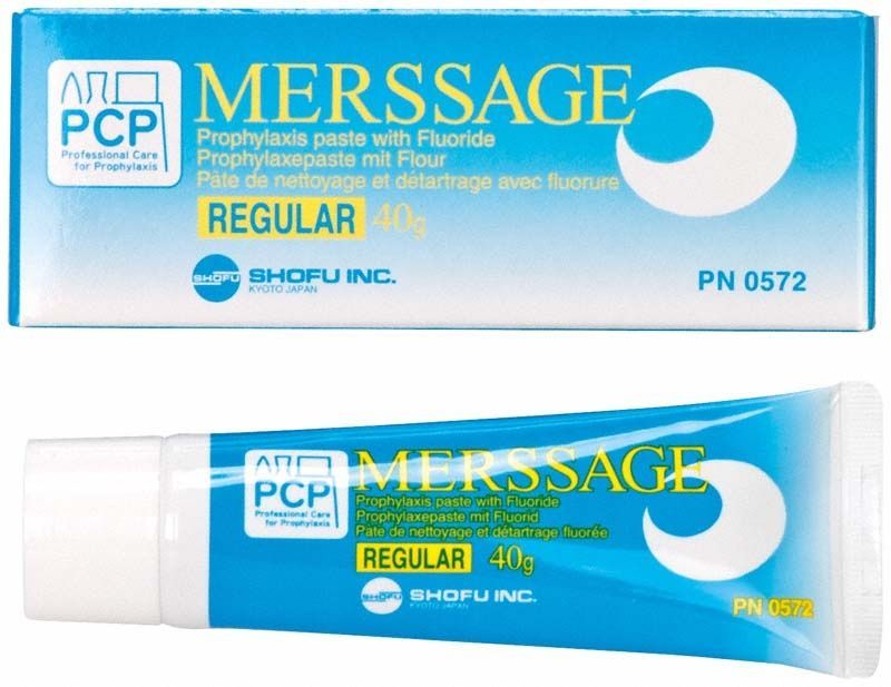 MERSSAGE Regular Zahnpasta-Tube und Verpackung mit Fluoridgehalt.