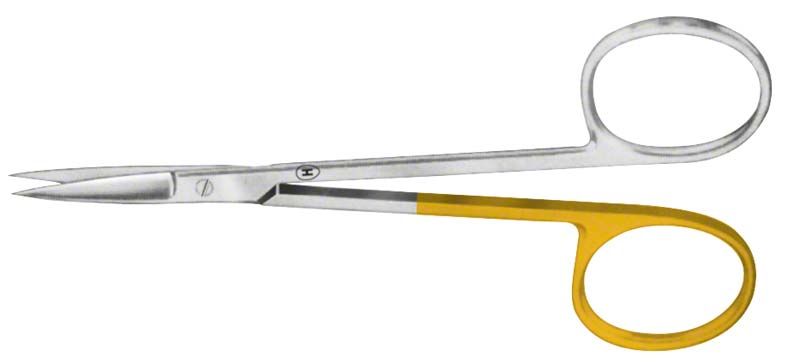 Zahnfleischschere OP-Special, gerade, 10,5 cm lang, mit gelbem Griff.