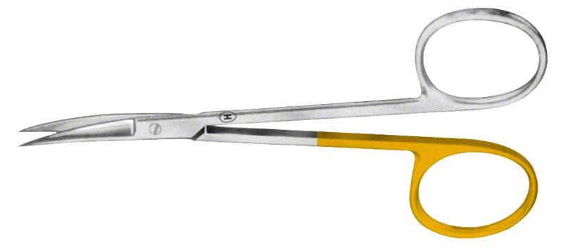 Chirurgische Zahnfleischschere, 10,5 cm, gebogen, mit gelbem Griff.