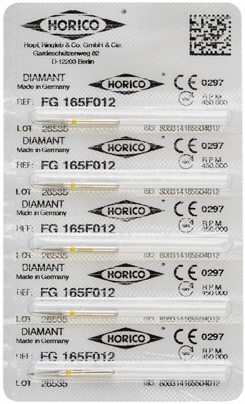 Blisterpackung mit Diamant FG 165F 012 Fräsen, fünf Stück.
