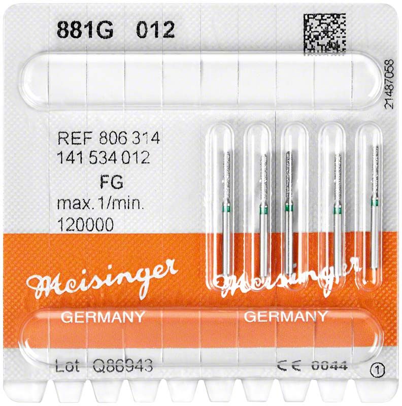 Diamantinstrument FG 881G 012 zur Dentaltechnik in Verpackung.