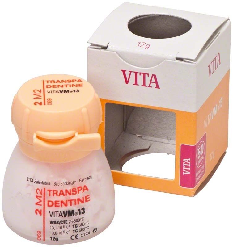 Transparenter Dentin-Pulverbehälter VM13 2M2 mit Verpackung.