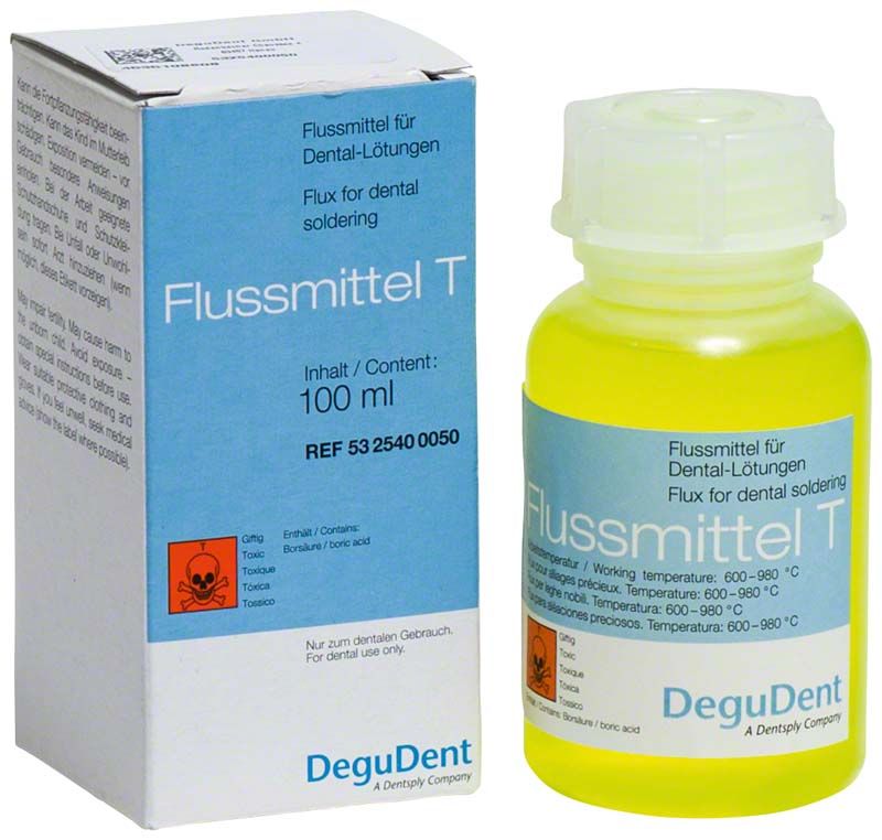 Flasche und Verpackung von Flussmittel T für Dental-Lötungen, 100 ml.