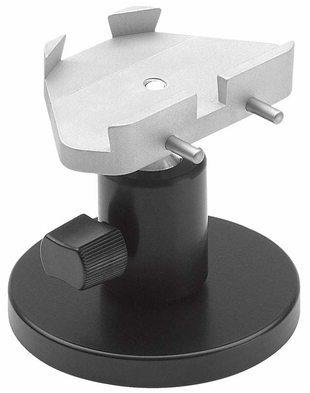 Schwarzer Modellhalter mit verstellbarer Halterung auf rundem Sockel.