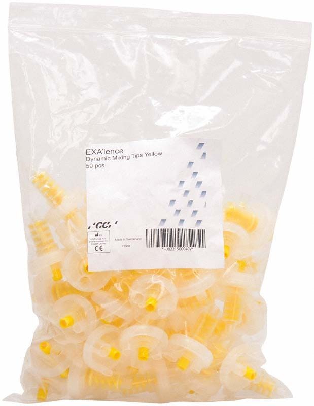 Exalence Dynamix Mischkanülen in transparenter Verpackung mit gelben Spitzen.