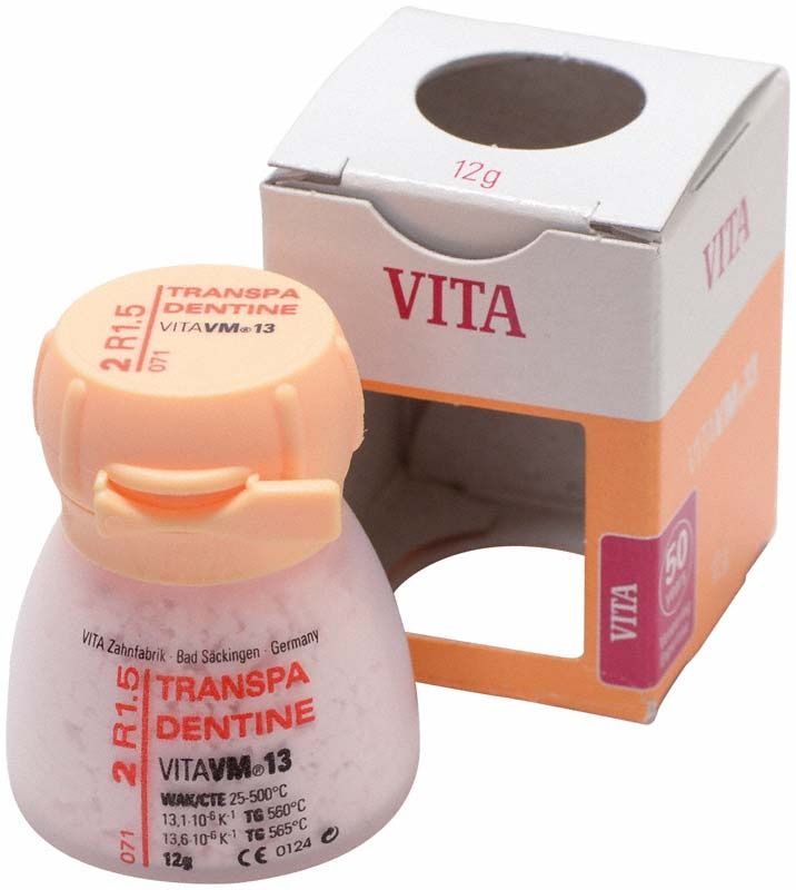 Transpa Dentin VM13, 12g, Farbton 2R1.5, mit Verpackung.