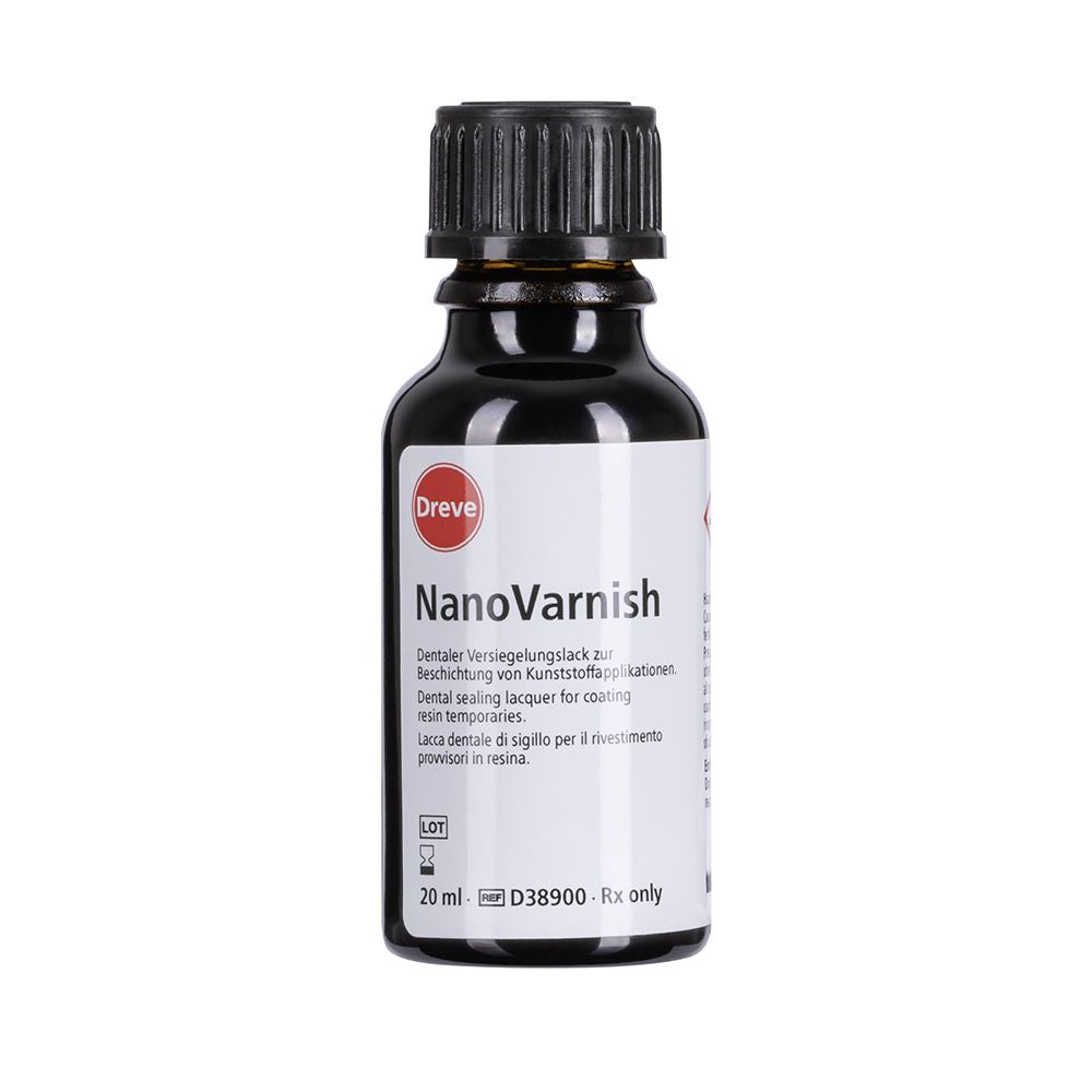 Lichthärtender Einkomponentenlack NanoVarnish in schwarzer Flasche mit Etikett.