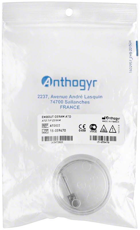 Transparente Verpackung mit Anthogyr ATD-Tip-Ceram-Inhalt und Produktinformationen.