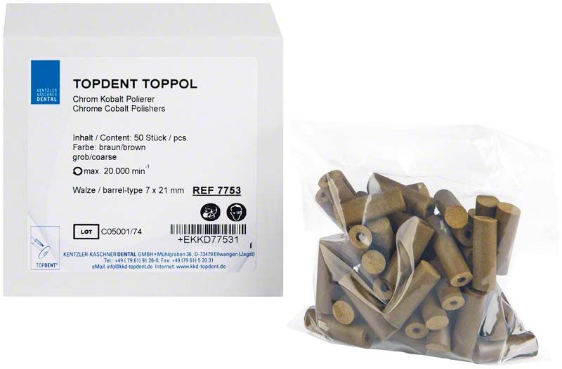 TOPDENT® TopPol Polierer Walze grob 7 x 21mm in Verpackung.