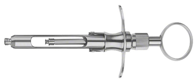 Zylinderampullenspritze aus verchromtem Messing mit Aspirationshaken.