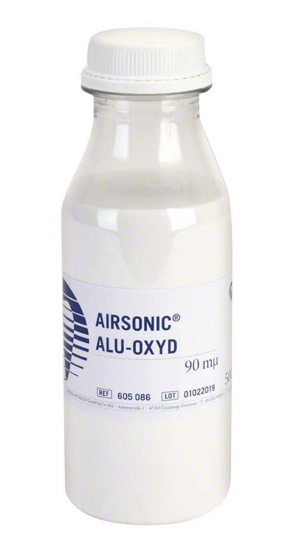 Airsonic® Alu-Oxyd 90µm Flasche mit 500 g Aluminiumoxidpulver.
