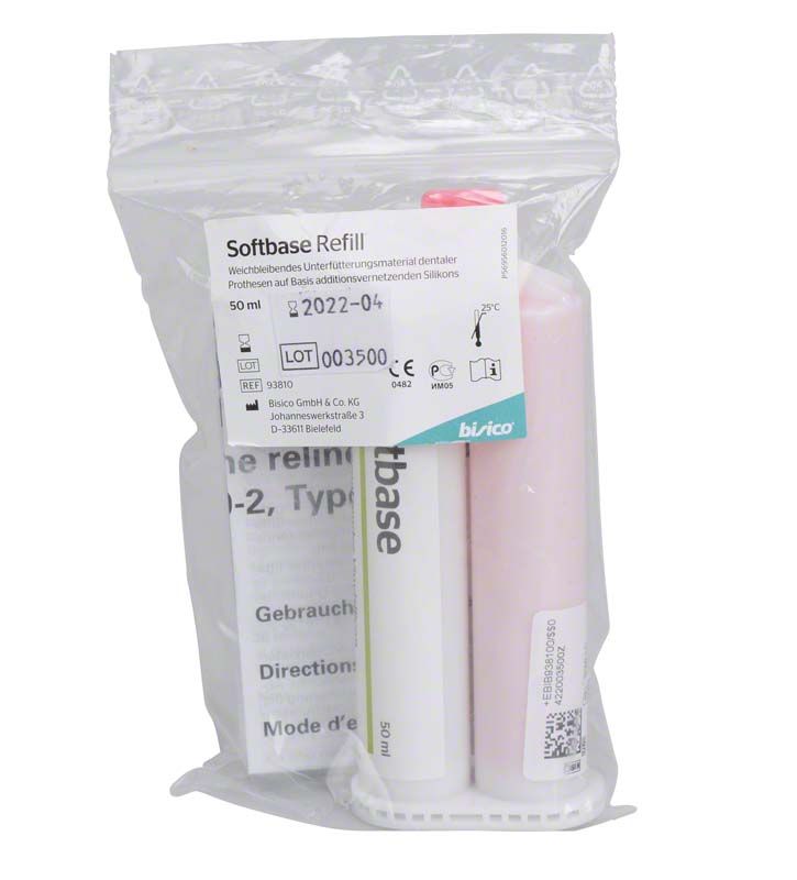 Weiß-pinke Softbase Kartusche, 50 ml, in transparenter Verpackung.