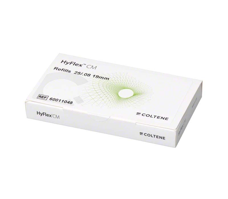 HyFlex™ CM NiTi-Feilen 19mm Verpackung mit grünen grafischen Elementen.