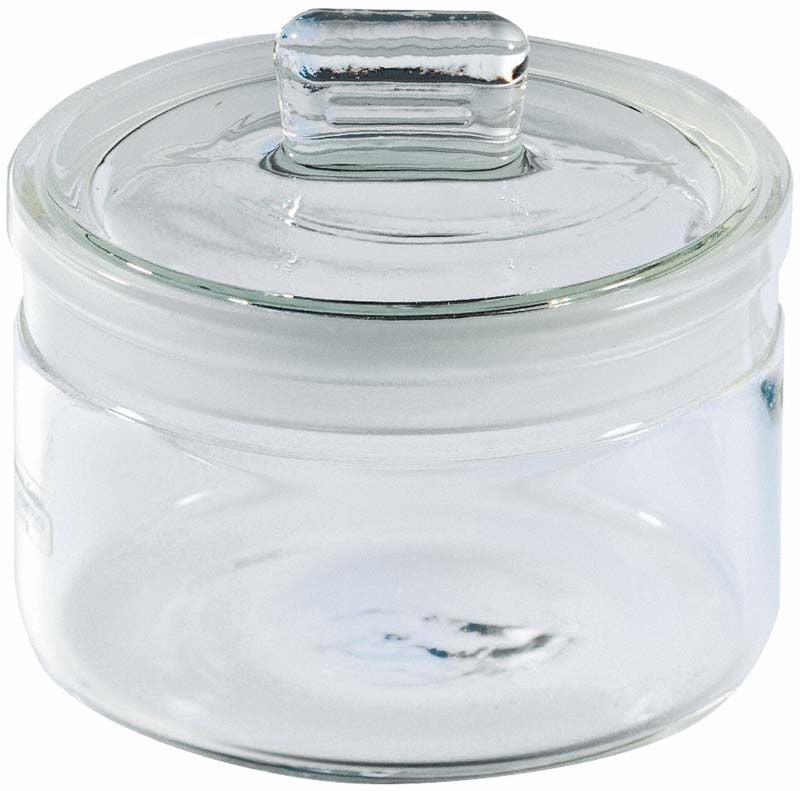 Aufbewahrungsglas aus Klarglas mit eingeschliffenem Deckel, Ø 65mm, Höhe 40mm.