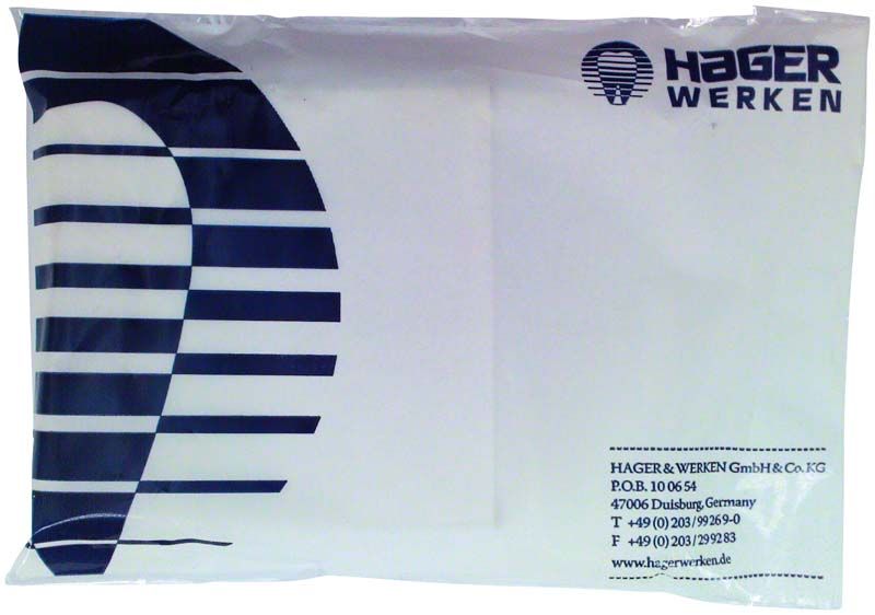 Weiße Verpackung von Hager & Werken mit blauem Logo und Kontaktdaten.
