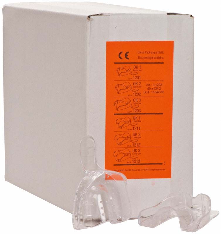 Einweg-Abformlöffel für Oberkiefer aus klarem Kunststoff vor Verpackung.