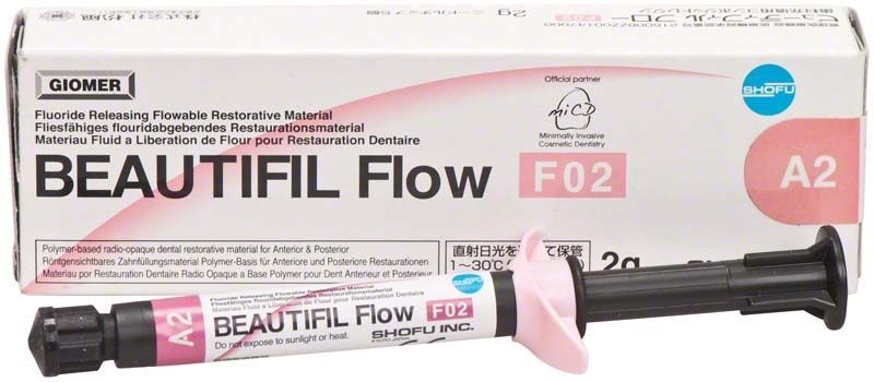 Beautifil Flow Spritze F02 A2 vor Produktverpackung mit Logo und Farbcodes.