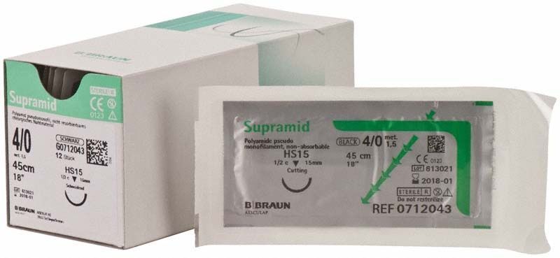 Supramid® 4/0 HS15 Nahtmaterial-Verpackung mit Nadel und Fadenansicht.