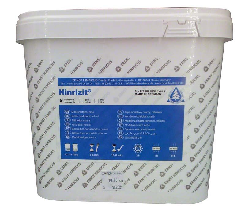 Hinrizit® Modellhartgips 10kg Eimer mit blauer Produktbeschreibung und Logo.