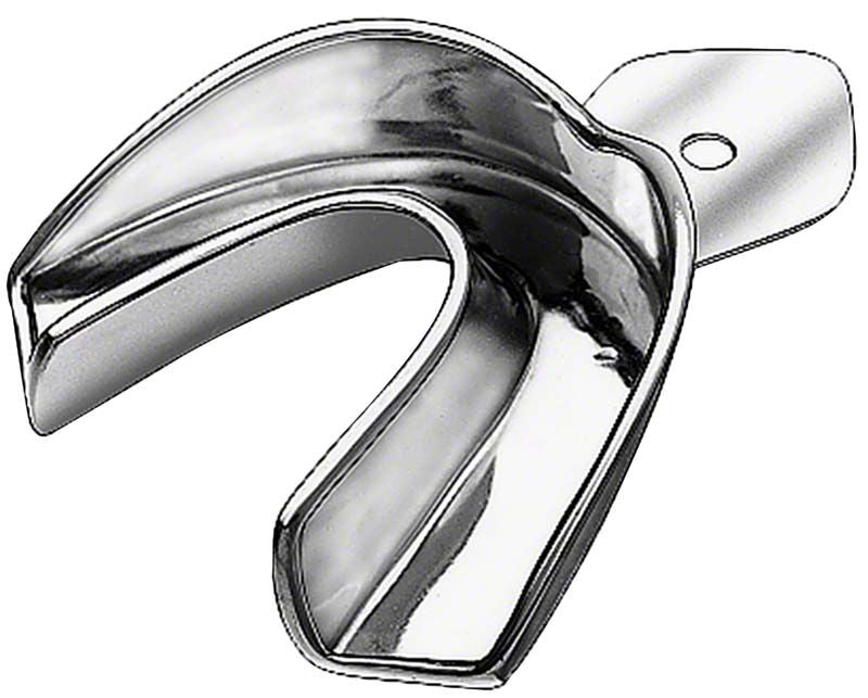 Abdrucklöffel aus Edelstahl für Unterkiefer mit ergonomischem Design.