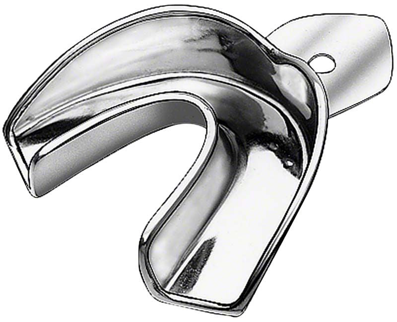 Abdrucklöffel aus Edelstahl für den Unterkiefer, ungelocht, mit Retentionsrand.