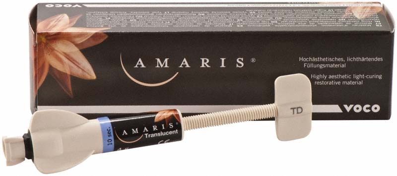 Amaris Spritze Translucent von Voco mit Verpackung und Füllungsmaterial.