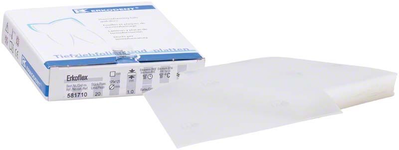 Erkoflex Tiefziehfolie viereckig, 20 Stück, 125 x 125 x 1,0 mm, Verpackung.