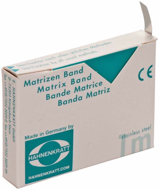 Matrizenband-Verpackung aus Edelstahl mit 1 m Länge und 0,03 mm Stärke.