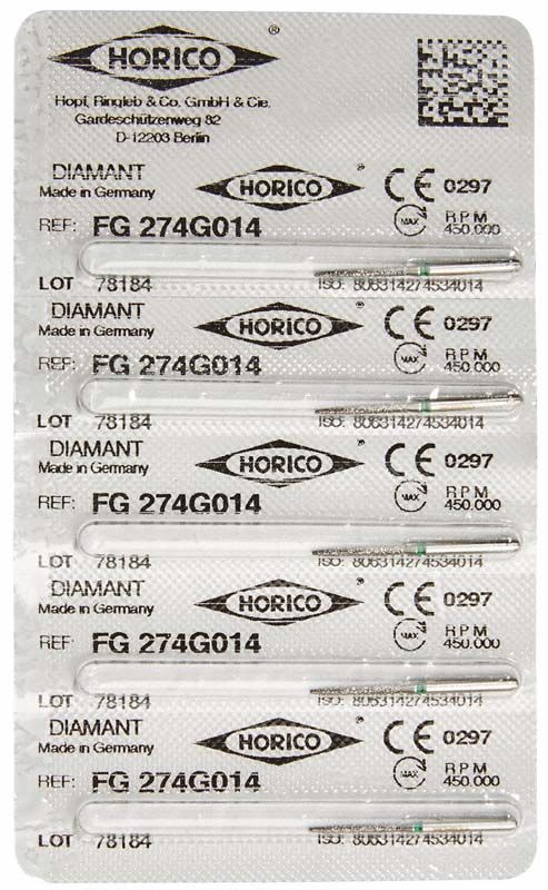 Blisterverpackung mit Horico Diamant FG 274G 014 Dental-Instrumenten.