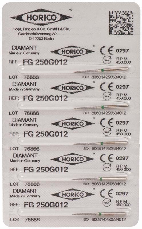 Blisterpackung mit Diamant-Schleifstiften FG 250G 012 von Horico.