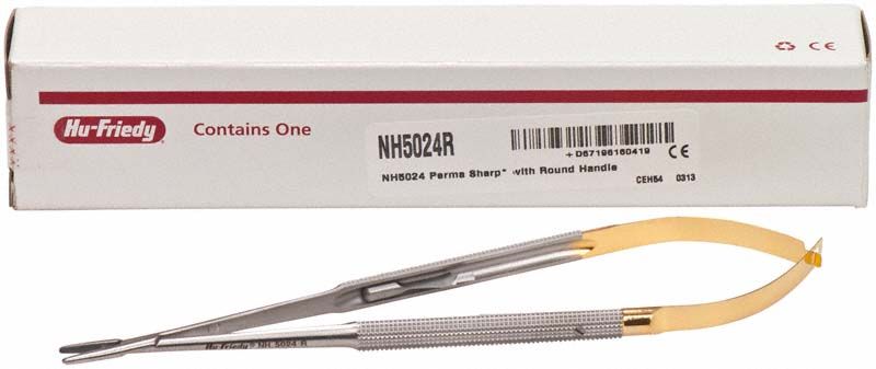 Castroviejo Nadelhalter Perma Sharp, gerade mit rundem Griff und gebogenem Maul.