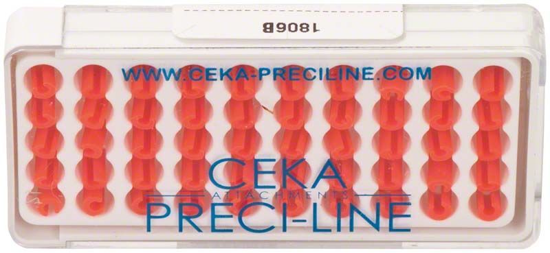 Rote PRECI-VERTIX-Matrizen in Kunststoffbox, 50 Stück, mit Markenaufdruck.