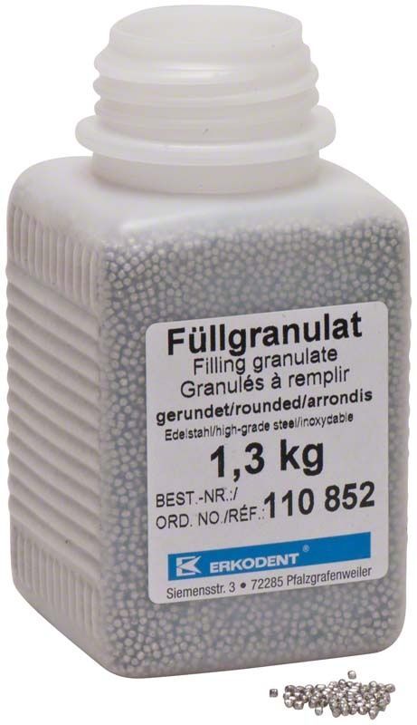 Füllgranulat aus Edelstahl in rechteckiger Kunststoffflasche, 1,3 kg.