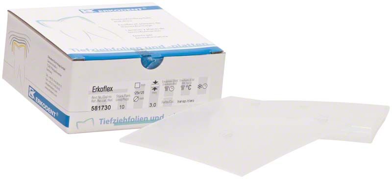 Erkoflex Tiefziehmaterial in Verpackung, ideal für dentalmedizinische Anwendungen.