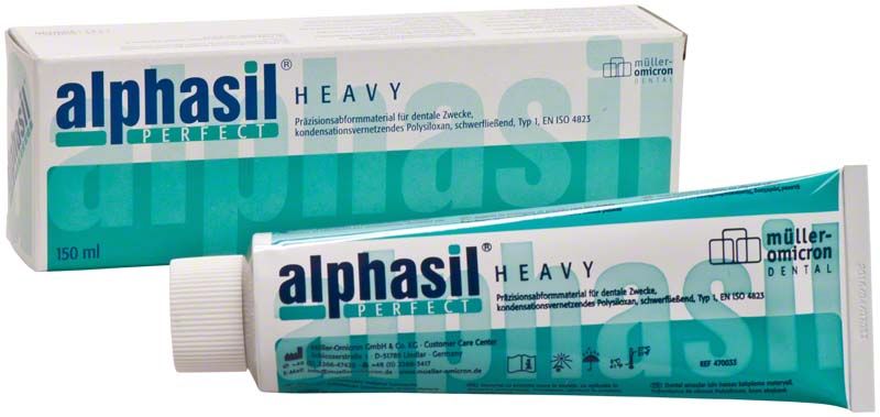 Alphasil perfect heavy Zahnabdruckmaterial in grüner Verpackung mit Firmenlogo.