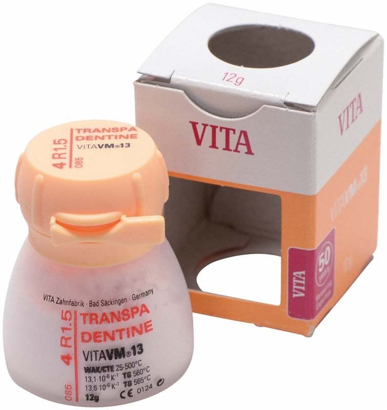 Transparente Dentinmasse VM13 4R1.5 in 12g Dose mit Verpackung.