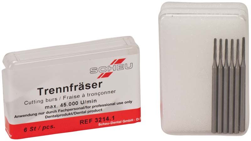 Verpackung und sechs Trennfräser Konus rund für Dentaltechnik.