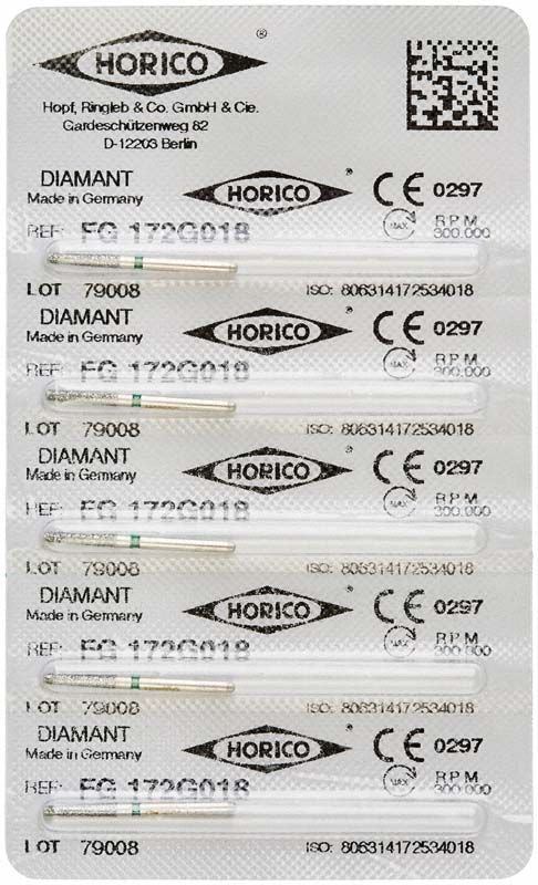 Blisterverpackung mit sechs Diamant-Schleifkörpern FG 172G 018 von Horico.