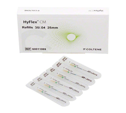 HyFlex™ CM NiTi-Feilen 25mm, Gr. 04/35 in Einzelverpackungen vor der Produktbox.