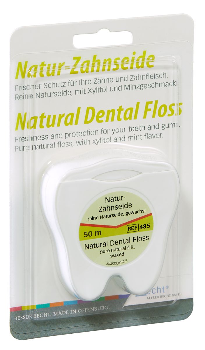 Natur-Zahnseide von Alfred Becht in zahnförmiger Verpackung.