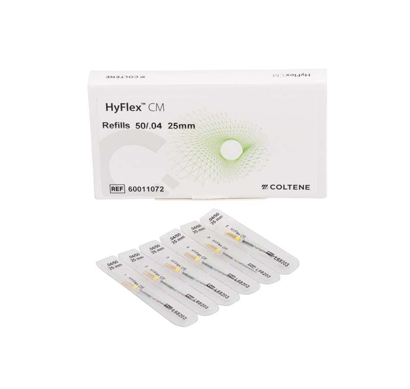 HyFlex™ CM NiTi-Feilen 25mm Gr. 04/50 in Verpackung mit sechs Einlagen.