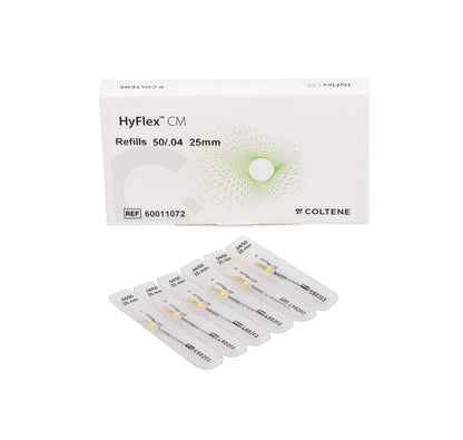 HyFlex™ CM NiTi-Feilen 25mm Gr. 04/50 in Verpackung mit sechs Einlagen.