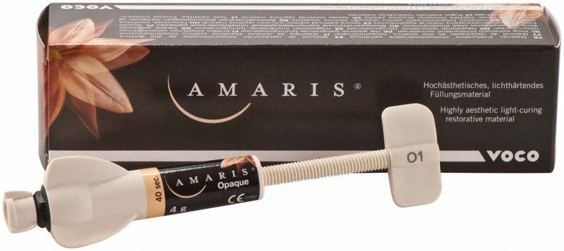 Amaris Spritze O1 von Voco mit Verpackung für dentalmedizinische Anwendungen.