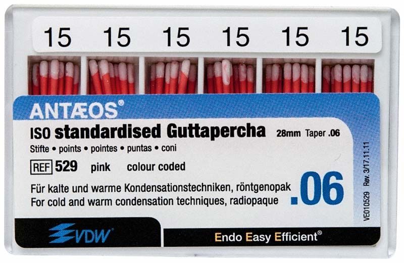 Guttaperchaspitzen .06 Gr. 15 in rosa Farbe in Kunststoffbox.