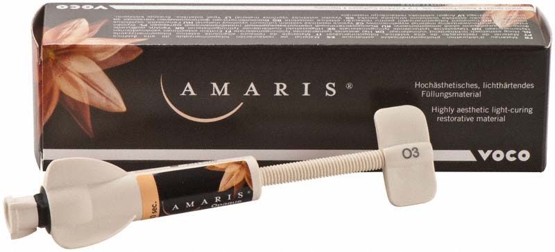 Amaris Spritze O3 für ästhetische Zahnrestaurationen, vor Verpackung liegend.