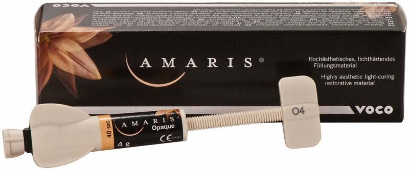 Amaris Spritze O4 von Voco mit Verpackung für ästhetische Zahnrestaurationen.